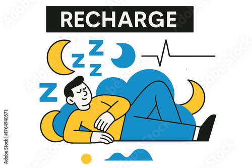 Tranquil Sleep Artistry. Better Sleep & Recovery. A calm figure rests as floating moon icons and gentle Z-shapes overlap. ?Recharge? glows softly above a
