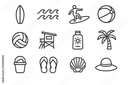 Beach Essentials Icons. Outdoor beach fun. Line icon set of outdoor beach fun: surfboard, waves, surfer, beach ball, volleyball, lifeguard tower, sunscreen