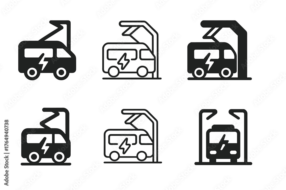 Naklejka premium Urban Sustainability Logos. Urban sustainability. Set Logo of Urban sustainability: electric bus charging at pantograph station. Icon set. harmonious logo