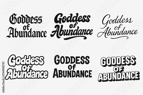 Goddess Lettering Variations. Goddess of Abundance. Set lettering. harmonious lettering variations of the same emblematic concept (Gothic-inspired decorative