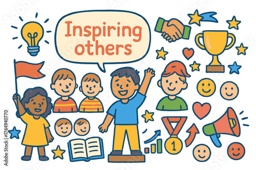 Inspiring Children's Doodle. inspiring others. Colorful Hand-drawn doodle Children illustration inspiring others leader, team, speech bubble, lightbulb,