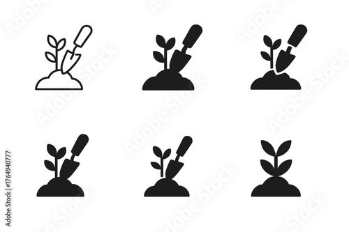 Gardeners' Logo Variations. Gardeners planting flowers and shrubs. Set Logo of Gardeners planting flowers and shrubs: trowel placing sapling into soil mound.
