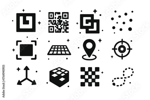 Augmented Reality Icons. augmented reality markers and tracking. Solid icons set of augmented reality markers and tracking: fiducial marker, QR code, ArUco