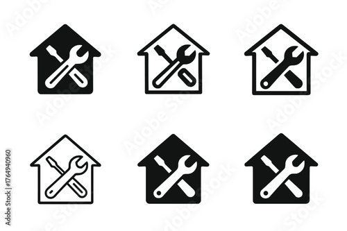 Kitchen Renovation Logos. Replacing kitchen appliances (oven, fridge). Set Logo of kitchen renovation tools: harmonious logo variations of the same emblematic