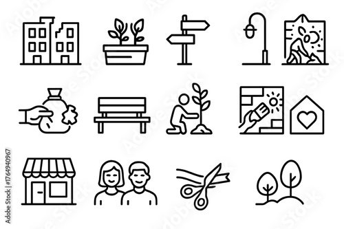 Neighborhood Revitalization Icons. Neighborhood Revitalization. Line icon set of Neighborhood Revitalization: before after buildings, community garden,