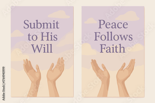 Faith and Peace Banners. Surrender. Two vertical A6 banners with safe margins, centered composition, no elements touching edges, pastel, lavender and cream,