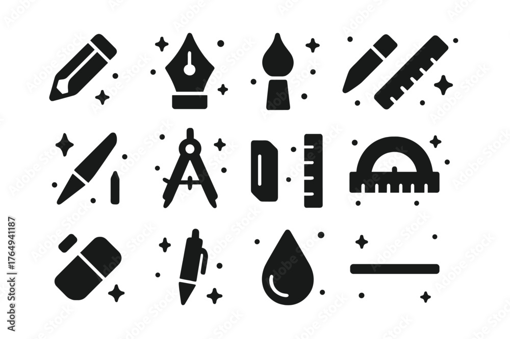 Obraz premium Drawing Tools Icons. Drawing Tools. Solid icons set of Drawing Tools: pencil, pen nib, brush tip, charcoal stick, blending stump, compass, ruler, protractor,