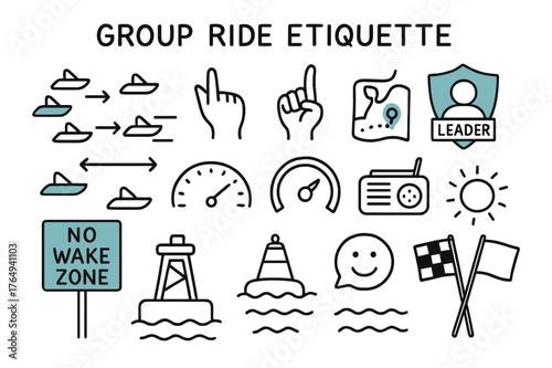 Group Ride Icons. // Group ride etiquette. Hand-drawn doodle illustration Group ride etiquette [formation icons (accented), hand signal (accented), distance
