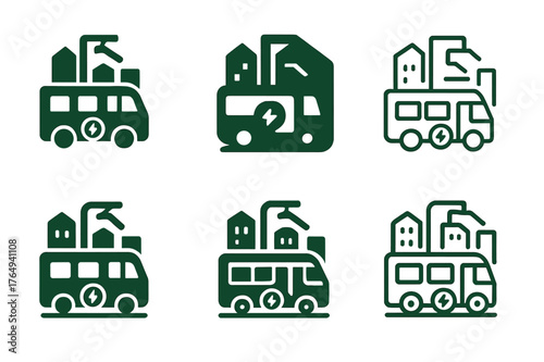 Urban Sustainability Logos. Urban sustainability. Set Logo of Urban sustainability: electric bus charging at pantograph station. Icon set. harmonious logo