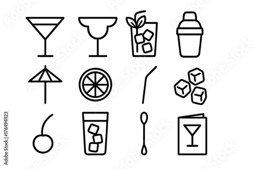 Cocktail Icon Set. Cocktail. Line icon set of Cocktail: martini glass, margarita glass, mojito with mint, cocktail shaker, umbrella garnish, citrus slice,