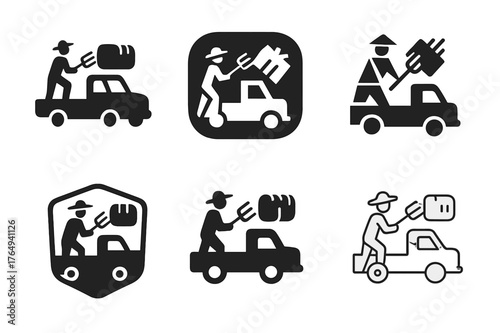 Farmer Logo Variations. A farmer loading hay onto a truck to deliver to market. Set Logo of A farmer loading hay onto a truck to deliver to market: pitchfork