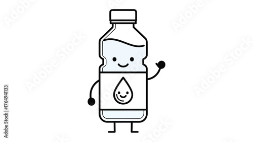 Cute Water Bottle: a cute water bottle character in the form of a minimalist line drawing, playfully waving and personifying hydration with a cheerful smile. 