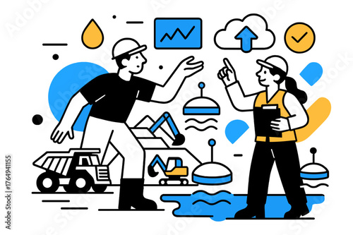 Mining Sensors Illustration. Environmental Monitoring in Mining Sites. Mining site with floating monitoring sensors and abstract data icons, safe and