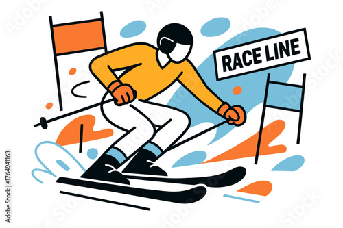 Dynamic Slalom Art. Slalom Race Gates. Knees drive, hips snap; colored gates blur into a zigzag rhythm. A crisp ?Race Line? tag slices through the air. Modern