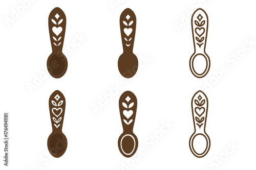 Carved Spoon Logo Variations. handicraft markets. Set Logo of carved wooden spoon: harmonious logo variations of the same emblematic concept, each with