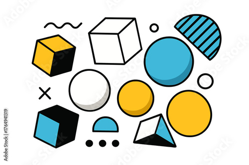 Floating 3D Abstract. 3D Design Elements. Floating abstract 3D cubes and spheres with geometric accents and soft shadows, modern and dynamic composition.