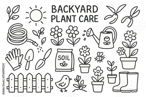 Backyard Gardening Doodles. Backyard plant care. Hand-drawn doodle illustration backyard plant care hose, watering can, trowel, pruning shears, gloves, soil