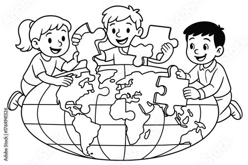 Children Assembling World Puzzle. World map puzzle children?s coloring book illustration, outlined drawing, continents shaped as puzzle pieces being placed