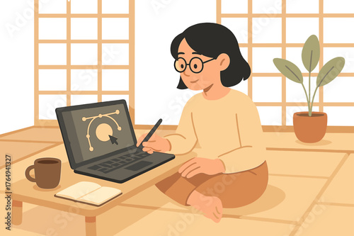 Tatami Room Serenity. Remote Work. A designer working peacefully from a tatami room with sunlight filtering through shoji screens, inspired by Japanese calm. >