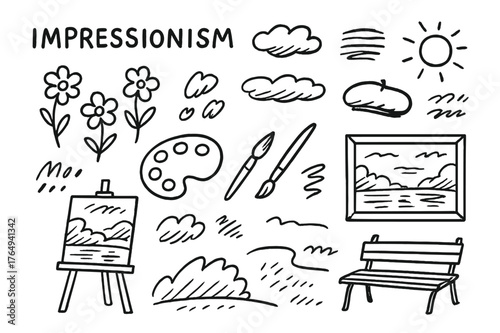 Impressionist Doodle Icons. Impressionism. Hand-drawn doodle illustration impressionism paint strokes, soft clouds, flowers, palette, beret, easel, brush, sun,