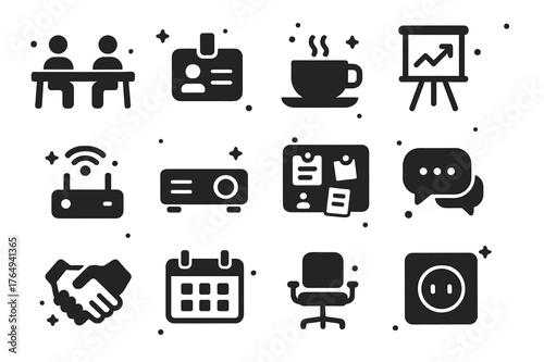 Coworking Icon Set. Coworking and Meetups. Solid icons set of Coworking and Meetups: shared desk, name tag, coffee cup, whiteboard, wifi router, projector,