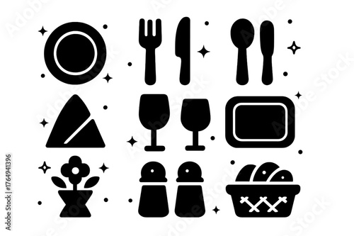 Dining Icons Grid. Setting the Table. Solid icons set of Setting the Table: plate, fork, knife, spoon, napkin, wine glass, water glass, placemat, centerpiece,