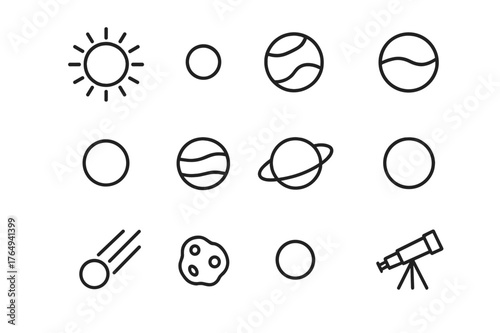 Solar System Icons. Solar system diagram. Line icon set of solar system diagram: sun, mercury, venus, earth, mars, jupiter, saturn, uranus, neptune, comet,