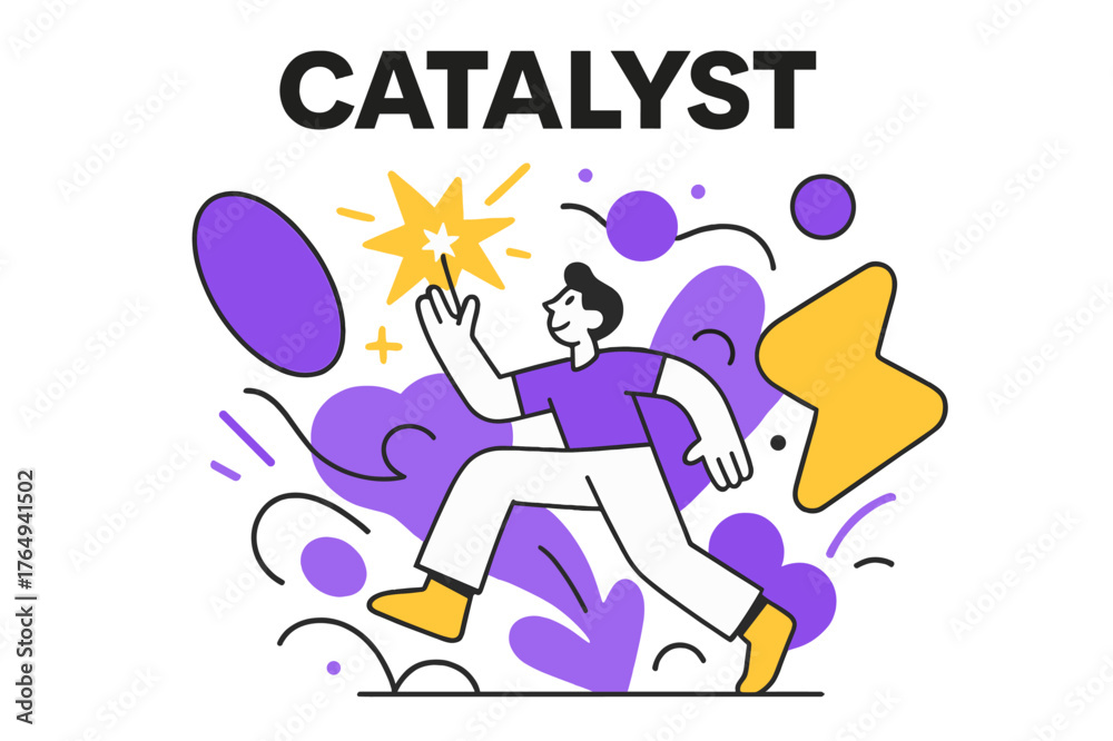 Obraz premium Catalyst of Innovation. Catalyst. Spark of innovation represented by abstract floating shapes and glowing accents, transformative and energetic scene. Modern