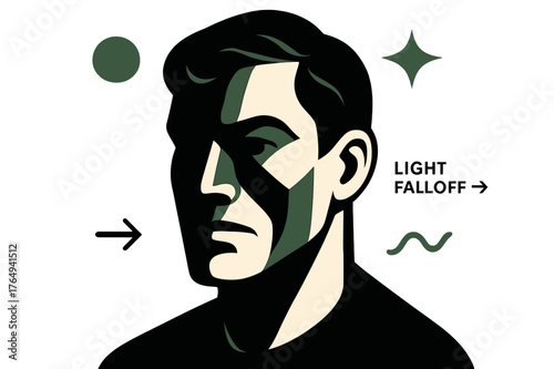 Chiaroscuro Geometric Portrait. Conceptual Portrait ? Chiaroscuro Lines. A face half-lit by a narrow beam; bold shadow planes carve geometry. Small arrow notes
