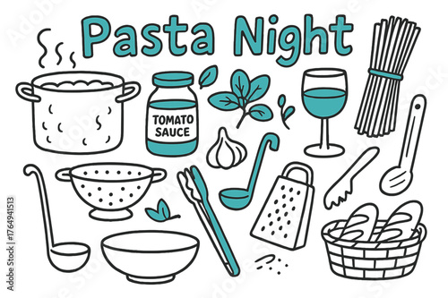 Pasta Night Essentials. // Pasta night. Hand-drawn doodle illustration Pasta night [boiling pot (accented), colander, spaghetti (accented), tomato sauce jar,