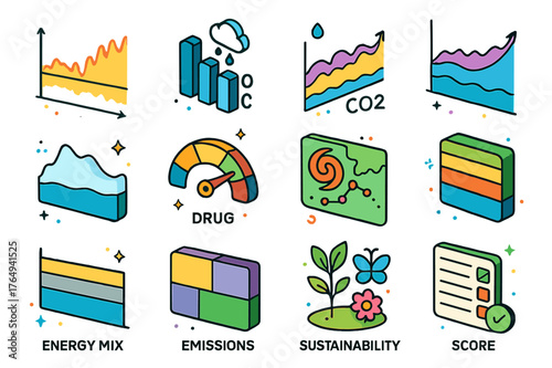 Colorful Environmental Charts. Climate and environmental charts. Colorful isometric vector icons set of Climate and environmental charts: temperature anomaly