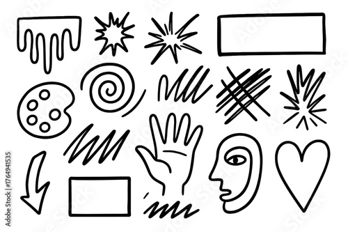 Abstract Doodle Elements. Abstract expressionism. Hand-drawn doodle illustration abstract expressionism dripping paint, splatter, brush, canvas, palette,