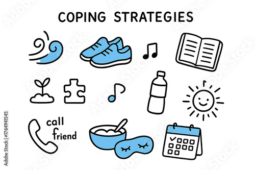Coping Strategies Doodle. // Coping strategies. Hand-drawn doodle illustration Coping strategies [breathing icon (accented), walking shoes (accented), journal
