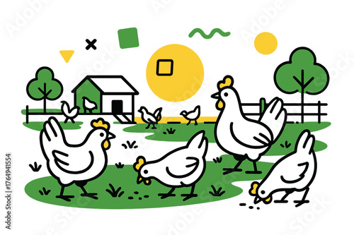 Free-Range Chickens. Poultry Farm. Wide view of outdoor poultry area with chickens roaming freely and floating abstract geometric shapes, lively and healthy