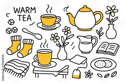 Cozy Tea Time. Warm tea. Hand-drawn doodle illustration teapot (colored), steaming tea (colored), teacup (colored), saucer (colored), teaspoon (colored), sugar
