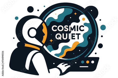 Astronaut's Cosmic View. Astronaut Window View. A helmeted silhouette gazes through a round viewport; ?Cosmic Quiet? floats over drifting nebula smoke. Panel