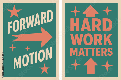 Retro Motivational Banners. Forward motion. Two vertical A6 banners with safe margins, centered composition, no elements touching edges, retro, pink and teal,
