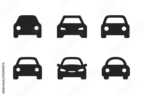 Stylized Car Logos. Traffic Rule Infographic. Set Logo of Car Icon: Filled silhouette, Abstract geometric, Negative space, Symmetrical form, Stylized detail,