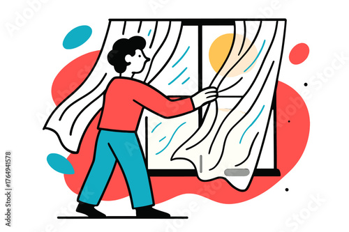 Sunlit Curtains Closure. Closing Curtains. Hands pulling transparent curtains across a window with abstract flowing folds and gentle sunlight, calm and