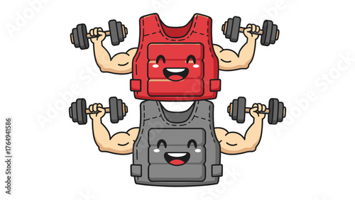 Workout with Armor: Conceptual illustration showcasing a red and a gray armor vests performing dumbbell exercises, highlighting strength, resilience, and protection through fitness.