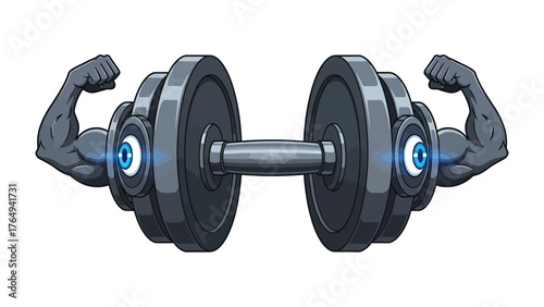 Strength Unleashed: A conceptual image showcases a dumbbell with stylized, muscular arms and focused eyes, representing the power of fitness and exercise. 