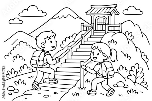 Mountain Shrine Coloring. Mountain shrine hike children?s coloring book illustration, outlined drawing, kids climbing gentle steps with railings toward a tiny