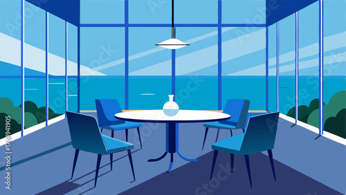 A contemporary dining area with a glass and chrome table blue velvet chairs and a wall of windows showcasing ocean views.