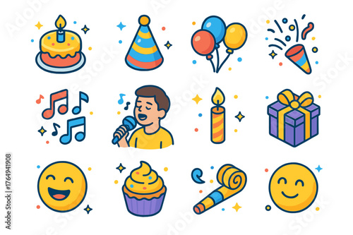 Birthday Celebration Icons. Singing ?Happy Birthday?. Colorful isometric vector icons set of singing ?Happy Birthday?: birthday cake, party hat, balloons,