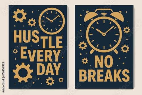 Hustle and No Breaks. Hustle every day. Two vertical A6 banners with safe margins, centered composition, no elements touching edges, bold, navy and gold,
