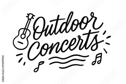 Outdoor Concert Vibes. Outdoor Concerts ? brush script hand-lettering with fluid semi-cursive strokes, thin connectors, fast brush accents; composition:
