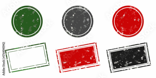 Set of six distressed circular and rectangular rubber stamps in red black and green on white background