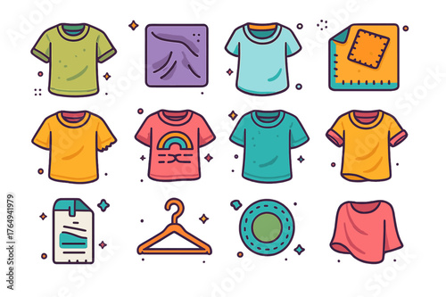 Colorful T-Shirt Icons. Worn T-shirt. Colorful isometric vector icons set of Worn T-shirt: faded cotton tee, wrinkled fabric fold, loose neckline, small hole