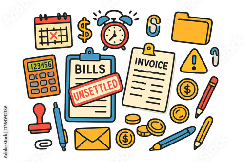 Colorful Financial Doodles. unsettled bills. Colorful Hand-drawn doodle Children illustration unsettled bills invoice sheets, paper stack, red stamp,