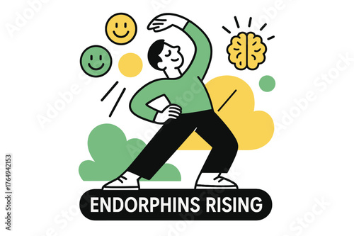 Endorphins Rising. Mental Wellness Boost. A person stretches in sunlight, floating icons show brain sparks and smile glyphs. ?Endorphins Rising? glows in clean